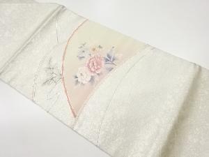 銀駒刺繍手描き曲線に牡丹・菊・萩模様名古屋帯